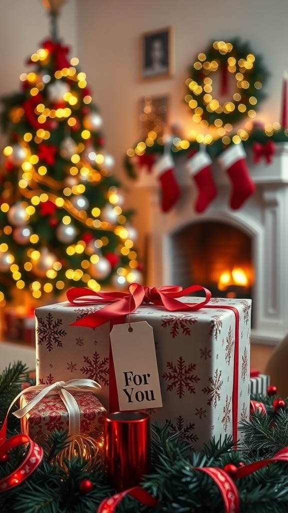A wrapped Christmas gift box with a red ribbon in a cozy living room decorated for the holidays.